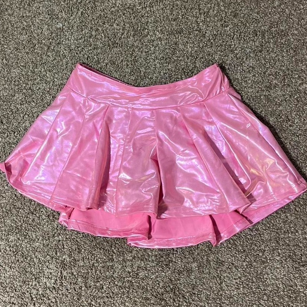 Pink Shiny Metallic Mini Skirt with Shorts - Picture 3 of 8